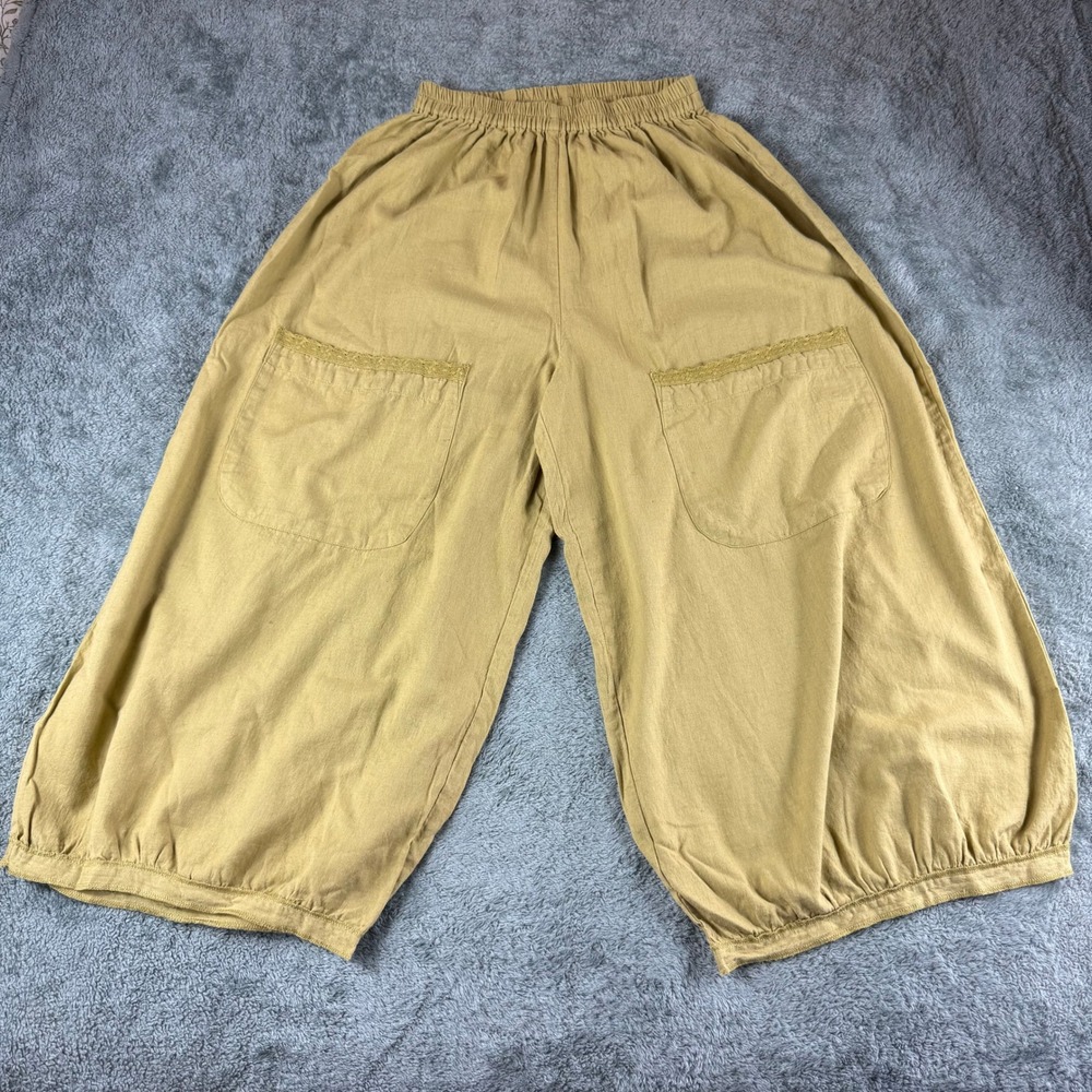 Les Ours Loose Linen Blend Cropped Pants Elastic Waist Wide Leg Capri Size Small